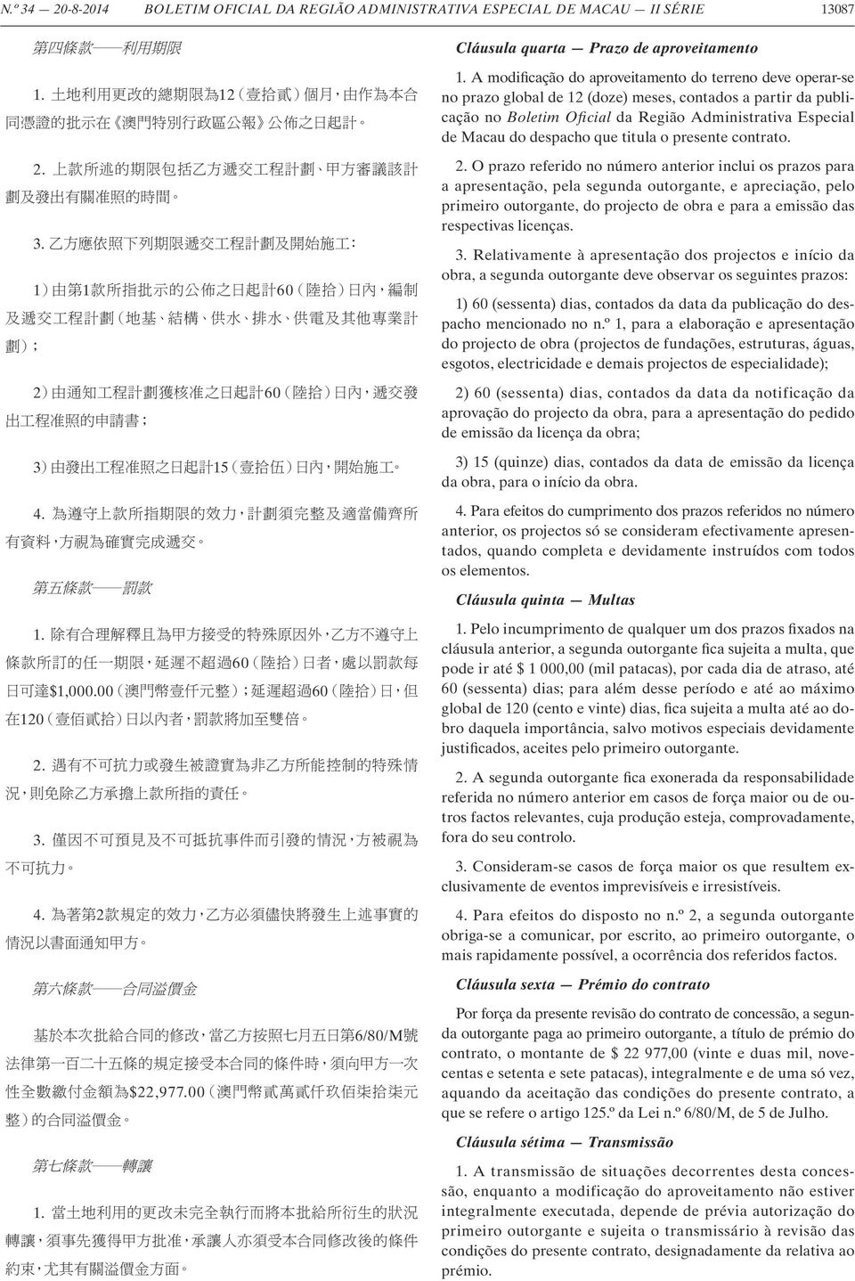 A modificação do aproveitamento do terreno deve operar-se no prazo global de 12 (doze) meses, contados a partir da publicação no Boletim Oficial da Região Administrativa Especial de Macau do despacho