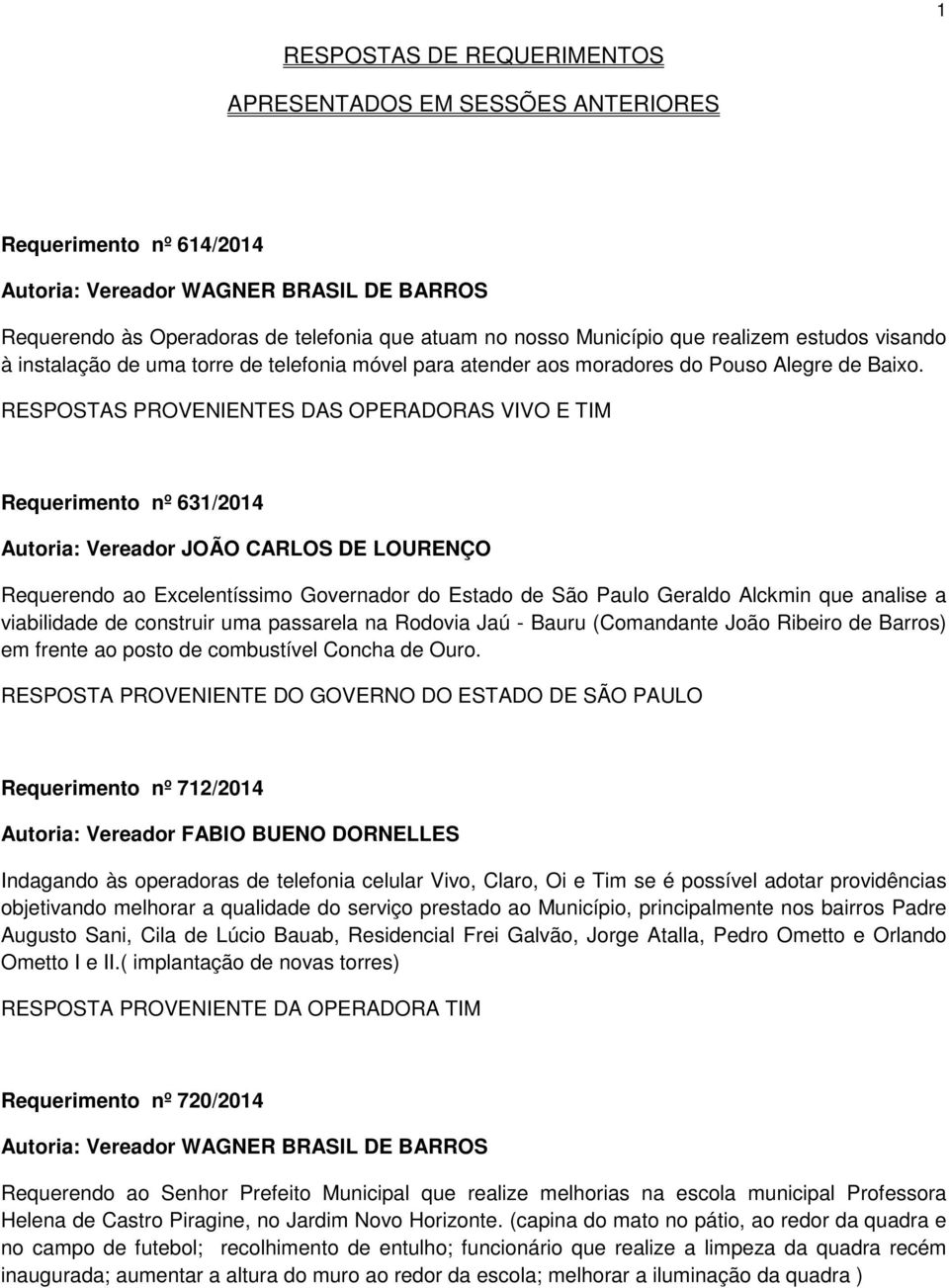 RESPOSTAS PROVENIENTES DAS OPERADORAS VIVO E TIM Requerimento nº 631/2014 Autoria: Vereador JOÃO CARLOS DE LOURENÇO Requerendo ao Excelentíssimo Governador do Estado de São Paulo Geraldo Alckmin que