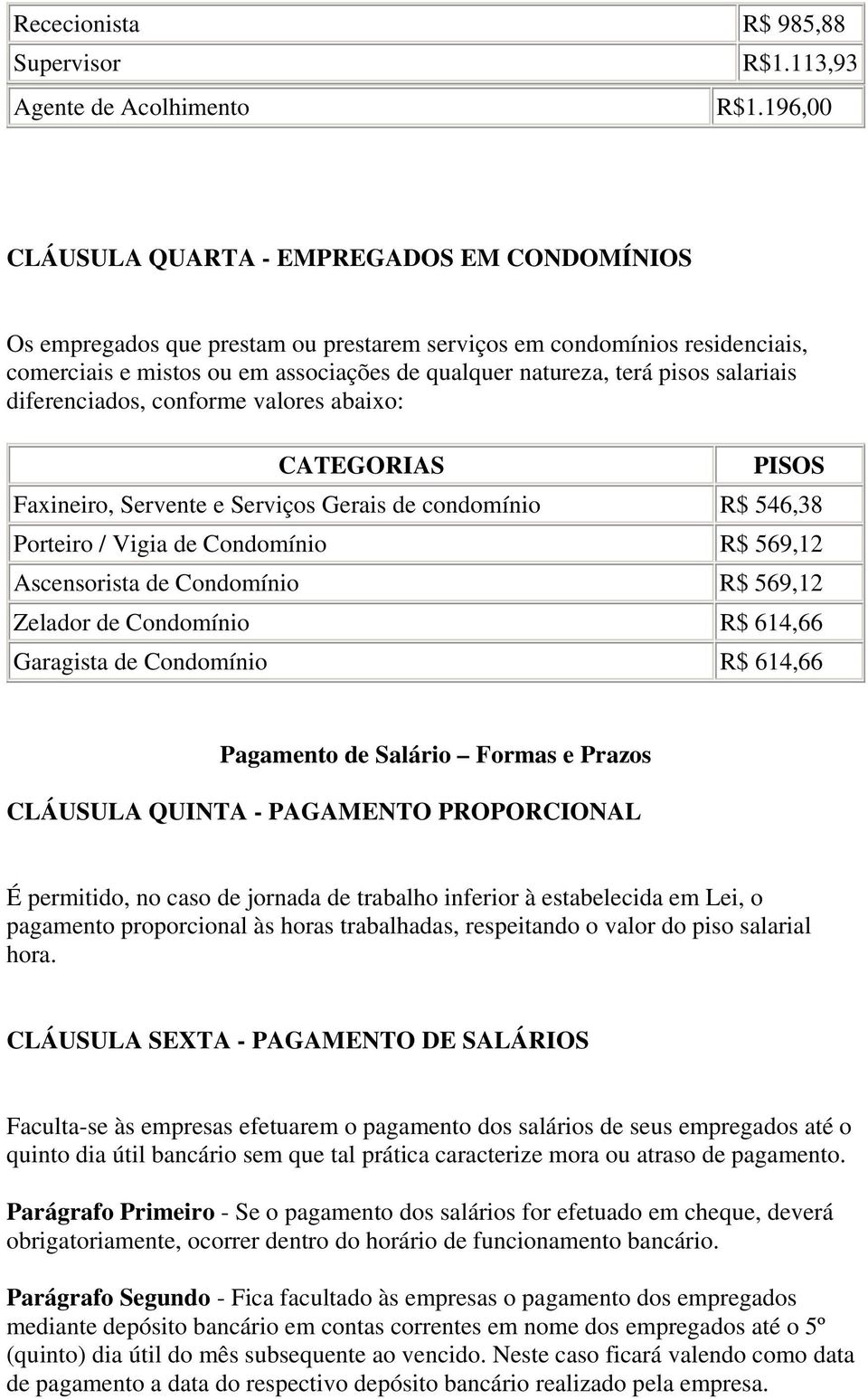 salariais diferenciados, conforme valores abaixo: CATEGORIAS PISOS Faxineiro, Servente e Serviços Gerais de condomínio R$ 546,38 Porteiro / Vigia de Condomínio R$ 569,12 Ascensorista de Condomínio R$