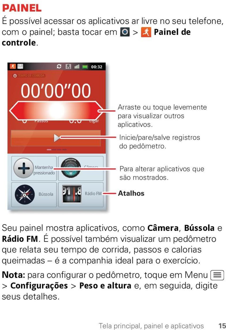 8 Câmera Rádio FM Para alterar aplicativos que são mostrados. Atalhos Seu painel mostra aplicativos, como Câmera, Bússola e Rádio FM.