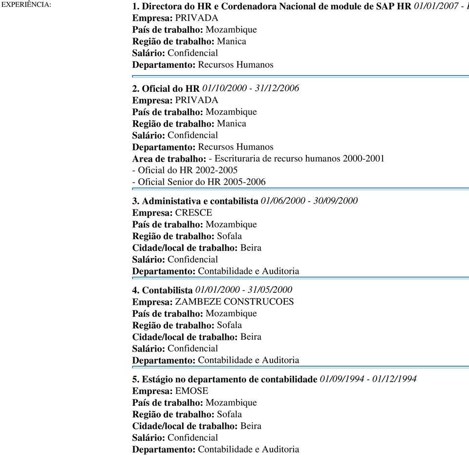 Oficial do HR 01/10/2000-31/12/2006 Empresa: PRIVADA Região de trabalho: Manica Departamento: Recursos Humanos Area de trabalho: - Escrituraria de recurso