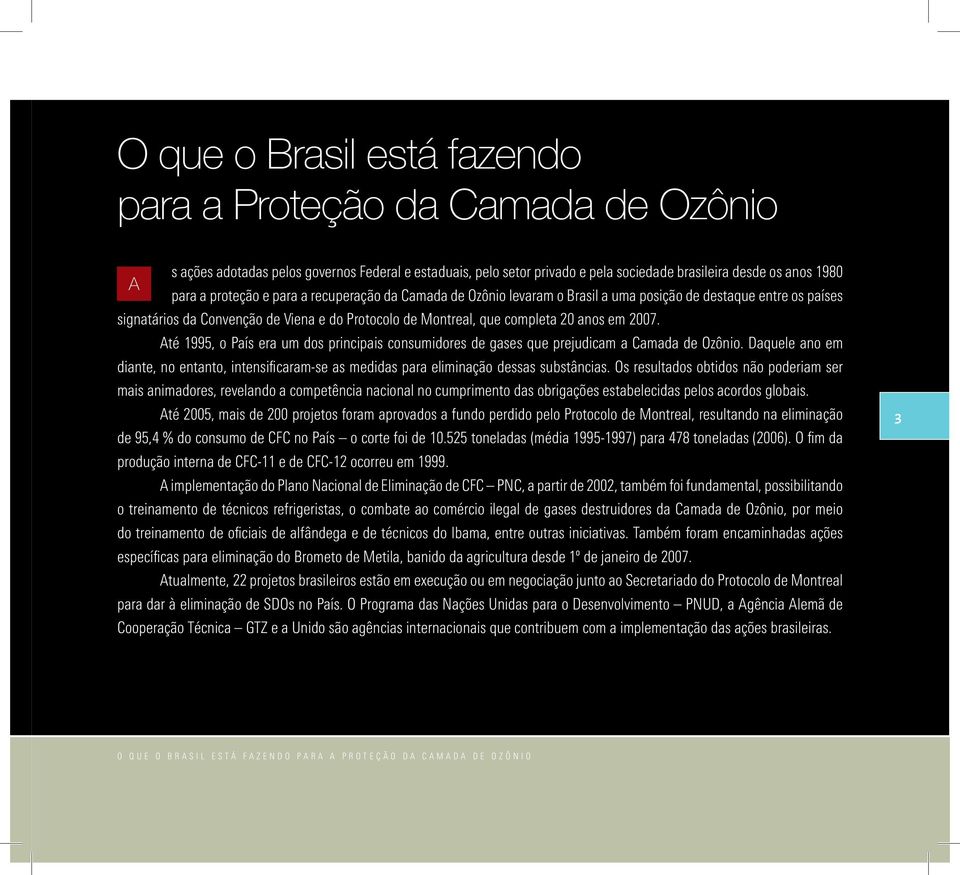 Até 1995, o País era um dos principais consumidores de gases que prejudicam a Camada de Ozônio. Daquele ano em diante, no entanto, intensificaram-se as medidas para eliminação dessas substâncias.