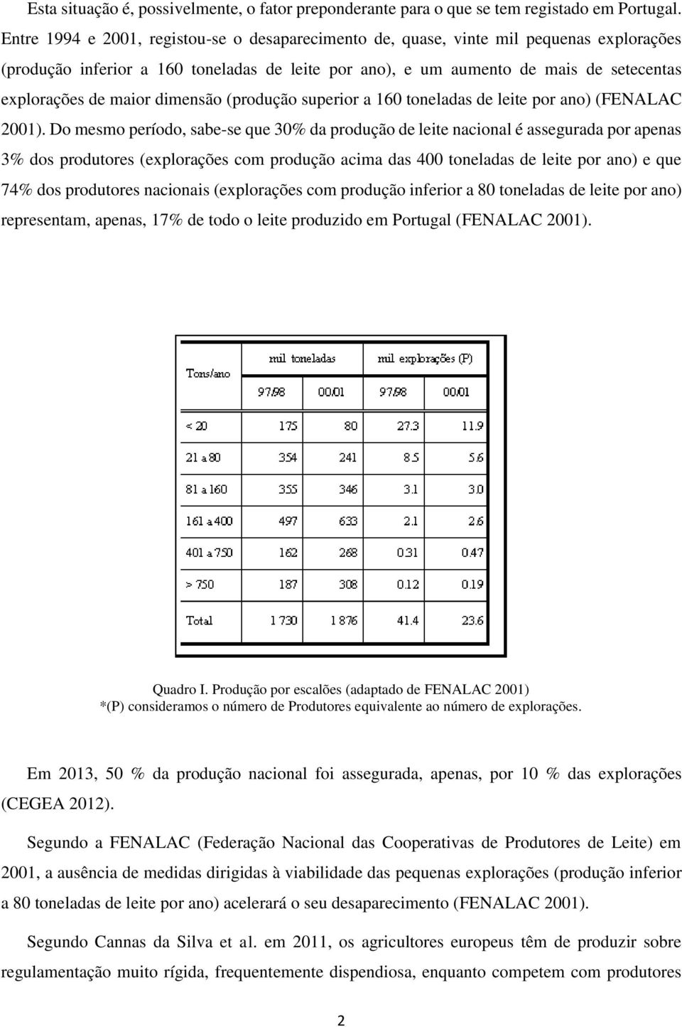 maior dimensão (produção superior a 160 toneladas de leite por ano) (FENALAC 2001).