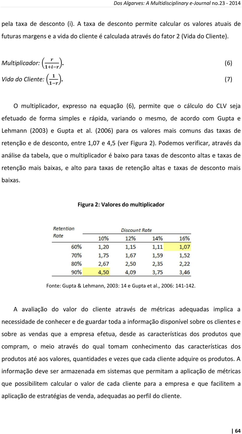 (7) 1 r O multiplicador, expresso na equação (6), permite que o cálculo do CLV seja efetuado de forma simples e rápida, variando o mesmo, de acordo com Gupta e Lehmann (2003) e Gupta et al.