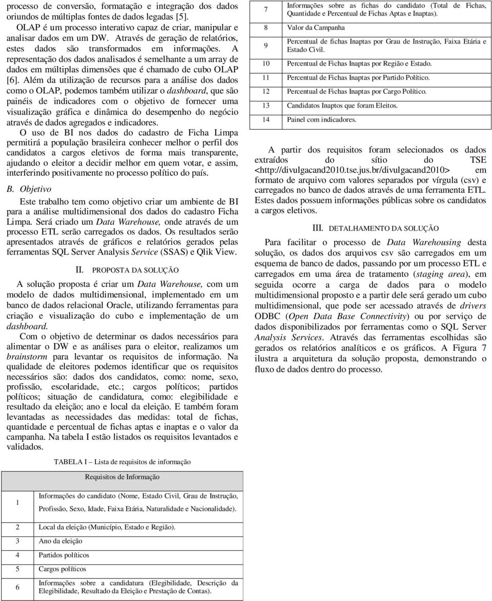 A representação dos dados analisados é semelhante a um array de dados em múltiplas dimensões que é chamado de cubo OLAP [6].