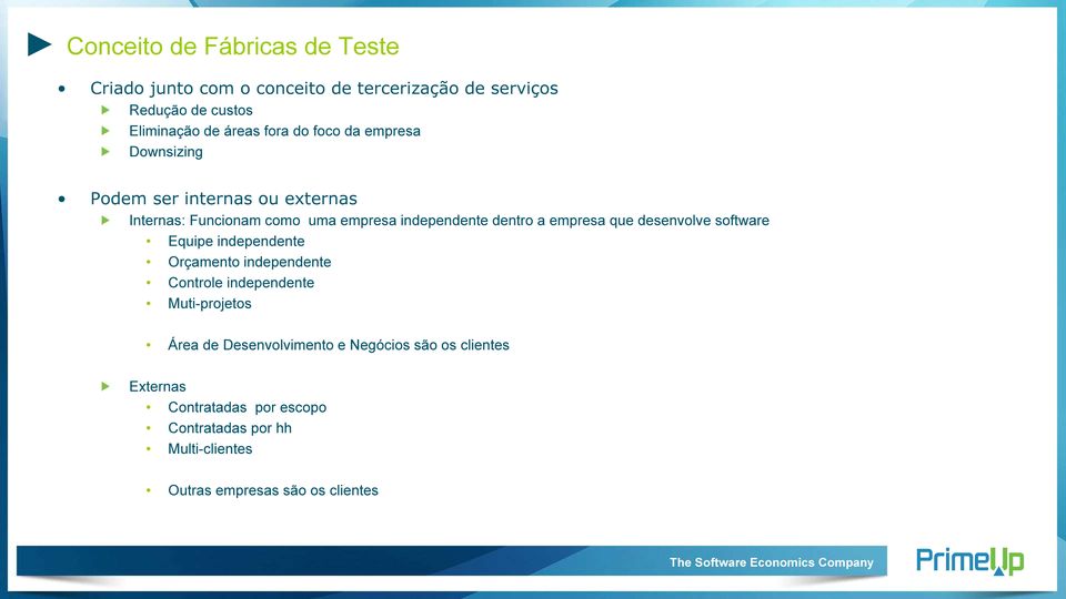 empresa que desenvolve software Equipe independente Orçamento independente Controle independente Muti-projetos Área de