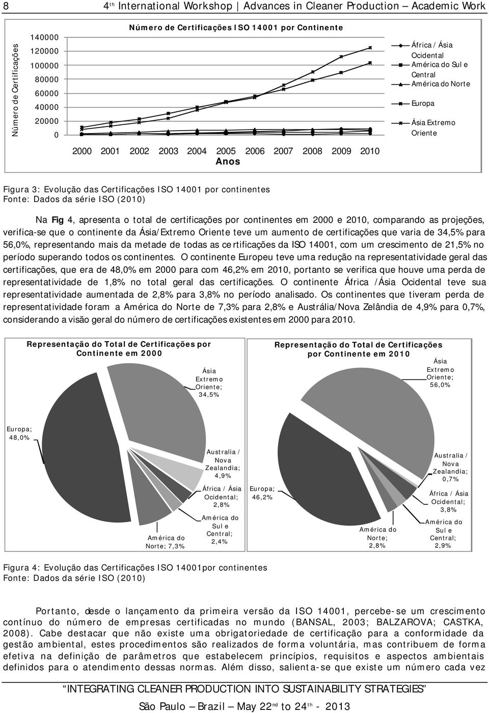 de certificações por continentes em 2000 e 2010, comparando as projeções, verifica-se que o continente da Ásia/Extremo Oriente teve um aumento de certificações que varia de 34,5% para 56,0%,