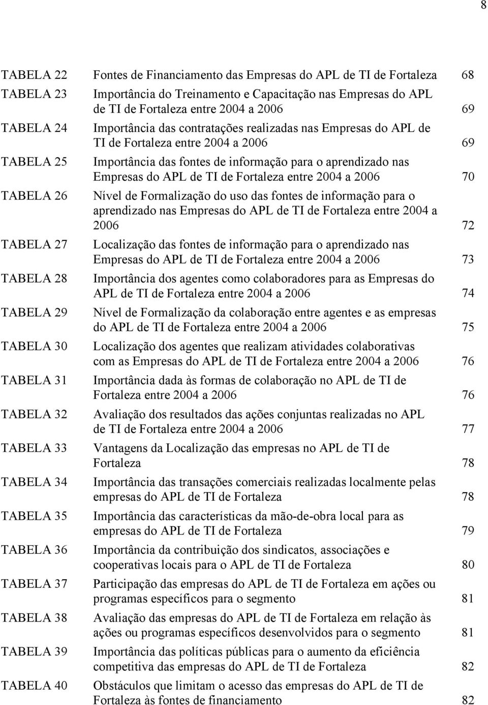 Fortaleza entre 2004 a 2006 70 TABELA 26 Nível de Formalização do uso das fontes de informação para o aprendizado nas Empresas do APL de TI de Fortaleza entre 2004 a 2006 72 TABELA 27 Localização das