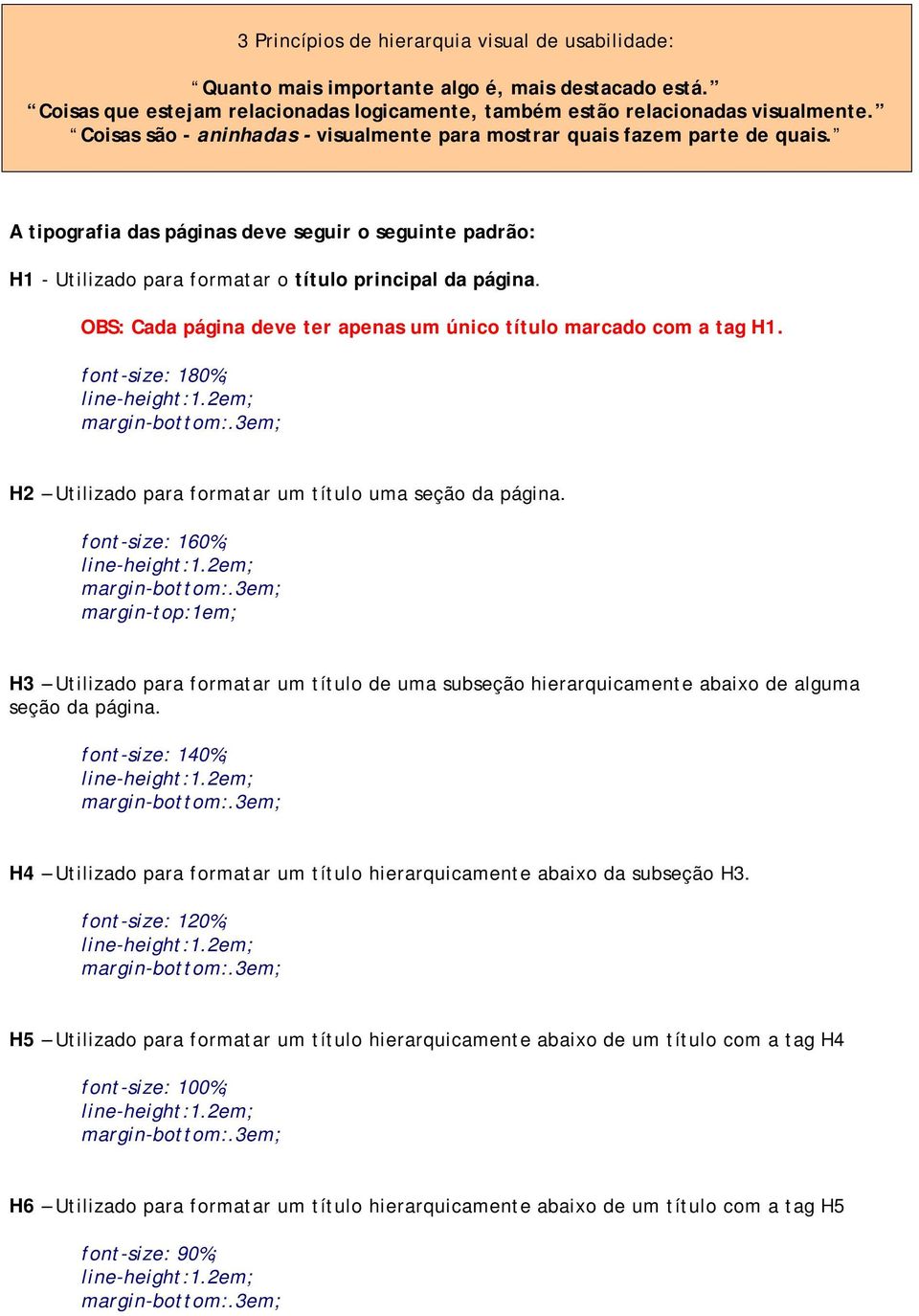 OBS: Cada página deve ter apenas um único título marcado com a tag H1. font-size: 180%; line-height:1.2em; margin-bottom:.3em; H2 Utilizado para formatar um título uma seção da página.