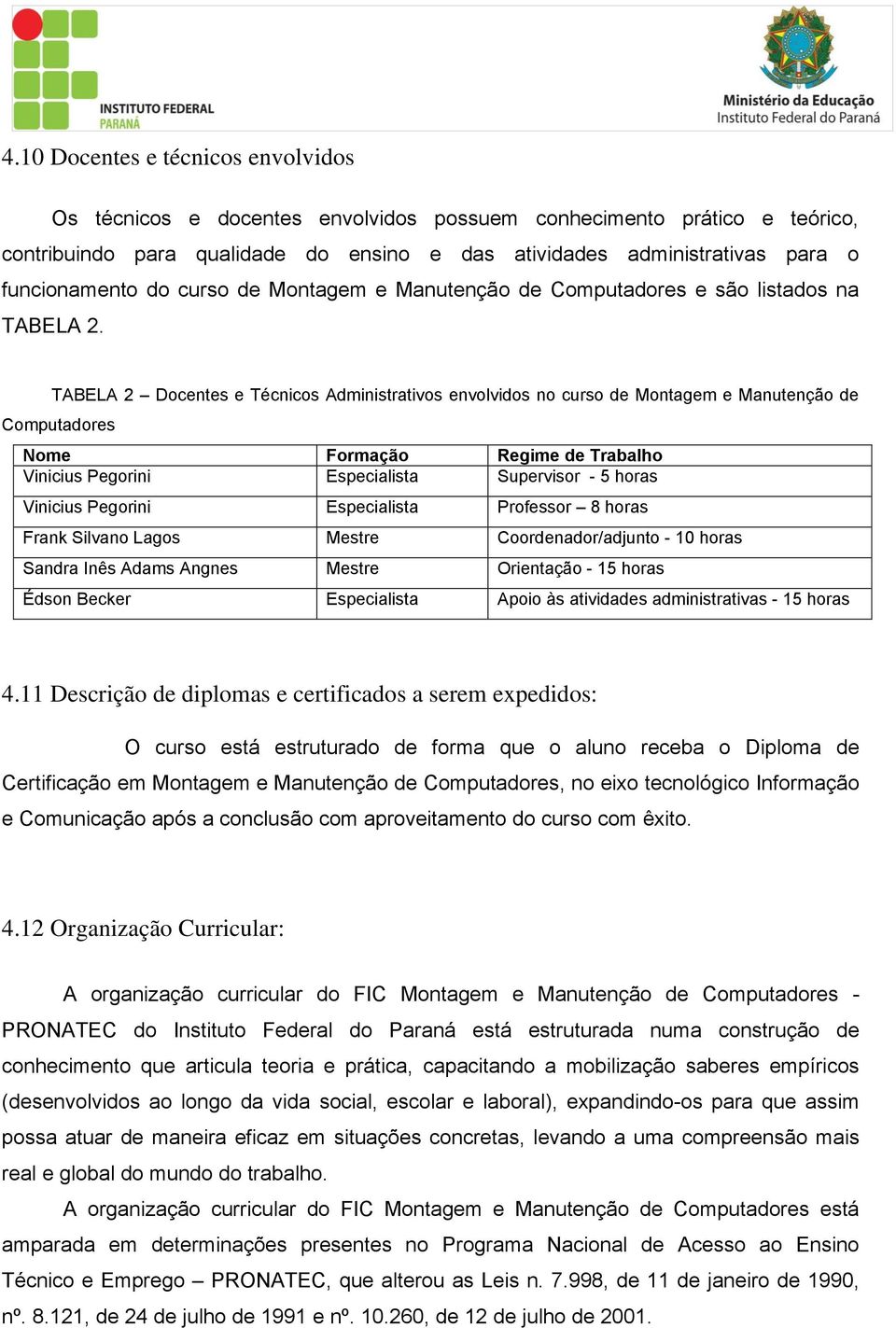 TABELA 2 Docentes e Técnicos Administrativos envolvidos no curso de Montagem e Manutenção de Computadores Nome Formação Regime de Trabalho Vinicius Pegorini Especialista Supervisor - 5 horas Vinicius