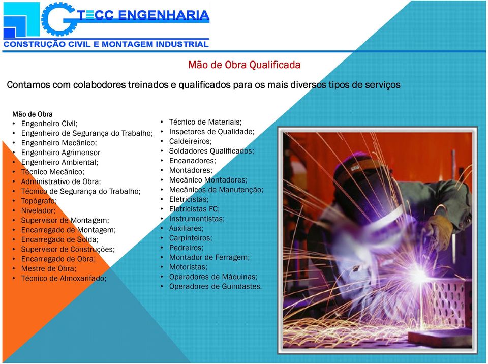 Montagem; Encarregado de Solda; Supervisor de Construções; Encarregado de Obra; Mestre de Obra; Técnico de Almoxarifado; Técnico de Materiais; Inspetores de Qualidade; Caldeireiros; Soldadores