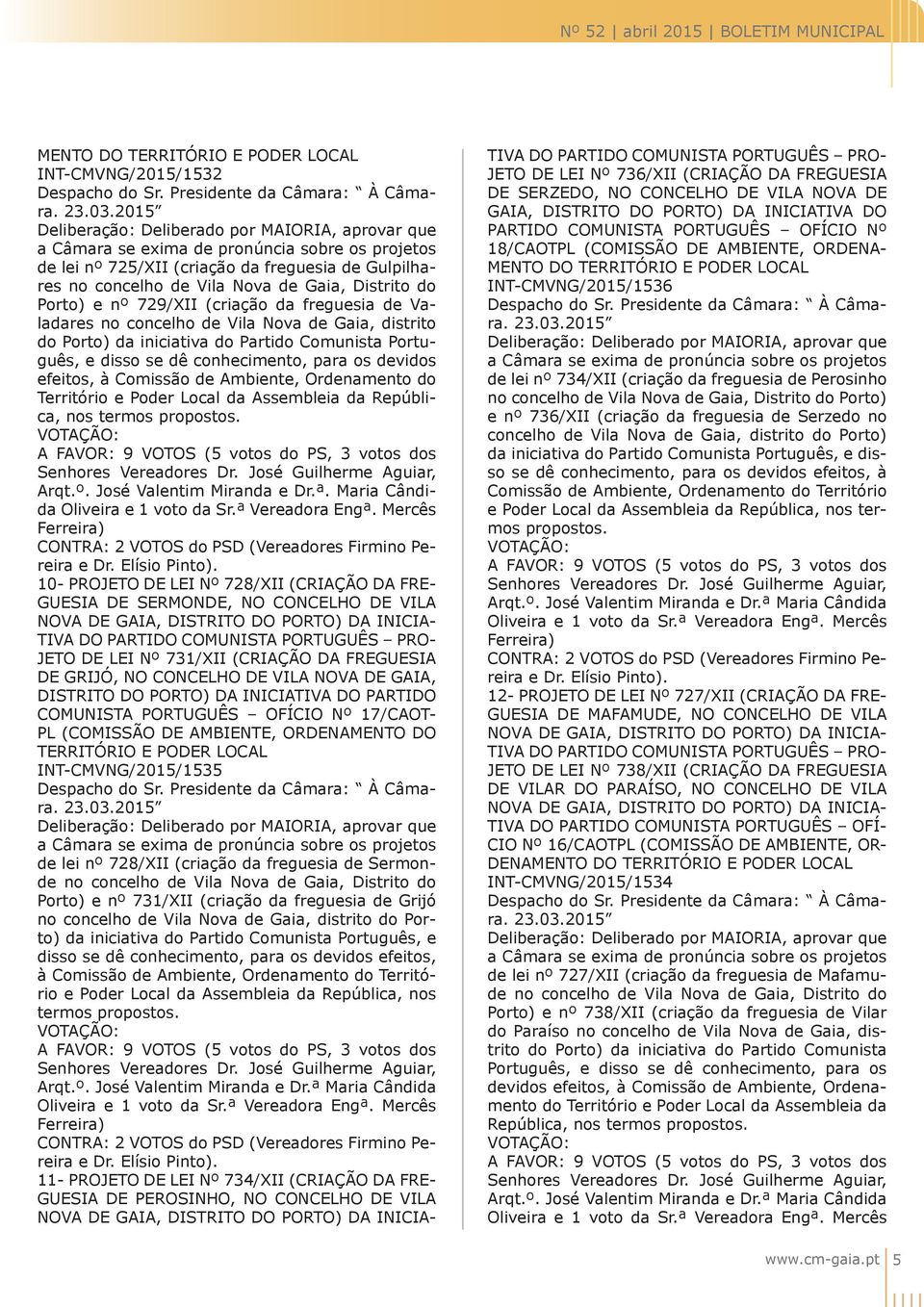 Distrito do Porto) e nº 729/XII (criação da freguesia de Valadares no concelho de Vila Nova de Gaia, distrito do Porto) da iniciativa do Partido Comunista Português, e disso se dê conhecimento, para