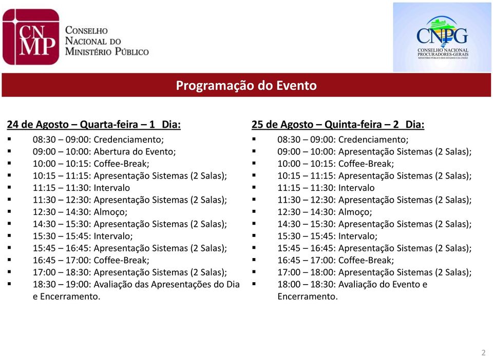 16:45 17:00: Coffee-Break; 17:00 18:30: Apresentação Sistemas (2 Salas); 18:30 19:00: Avaliação das Apresentações do Dia e Encerramento.