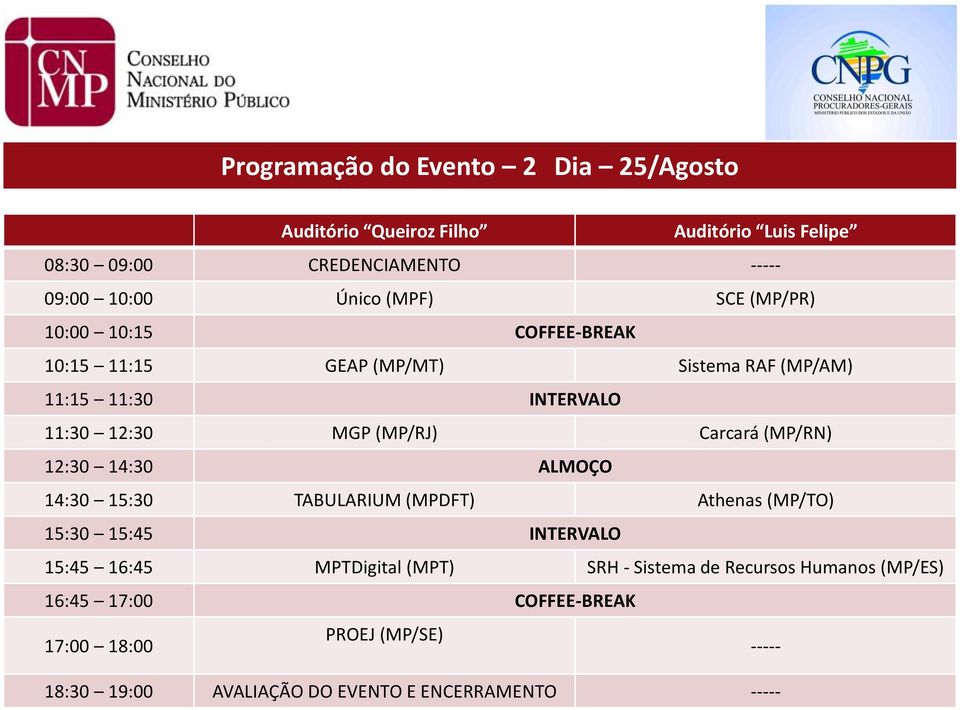 Carcará (MP/RN) 12:30 14:30 ALMOÇO 14:30 15:30 TABULARIUM (MPDFT) Athenas (MP/TO) 15:30 15:45 INTERVALO 15:45 16:45 MPTDigital (MPT) SRH -