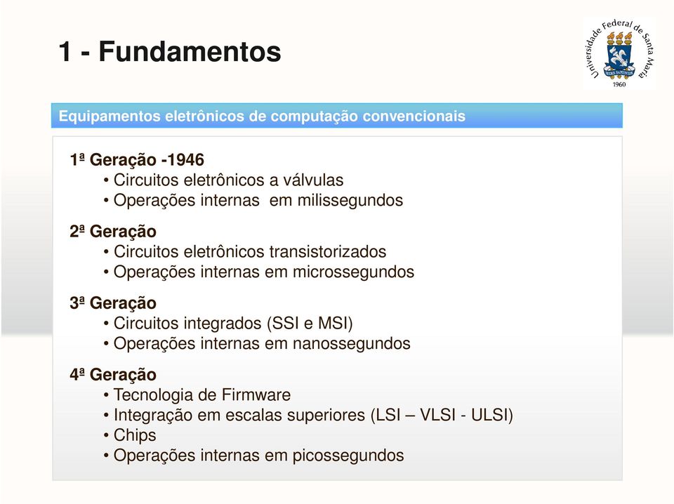 microssegundos 3ª Geração Circuitos integrados (SSI e MSI) Operações internas em nanossegundos 4ª Geração