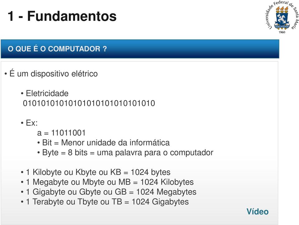 = Menor unidade da informática Byte = 8 bits = uma palavra para o computador 1 Kilobyte ou