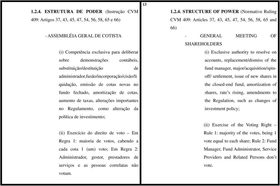 substituição/destituição de administrador,fusão/incorporação/cisão/li quidação, emissão de cotas novas no fundo fechado, amortização de cotas, aumento de taxas, alterações importantes no Regulamento,