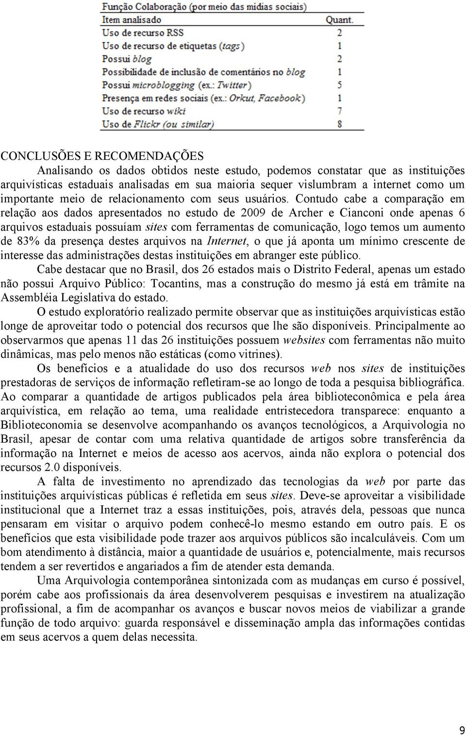 Contudo cabe a comparação em relação aos dados apresentados no estudo de 2009 de Archer e Cianconi onde apenas 6 arquivos estaduais possuíam sites com ferramentas de comunicação, logo temos um