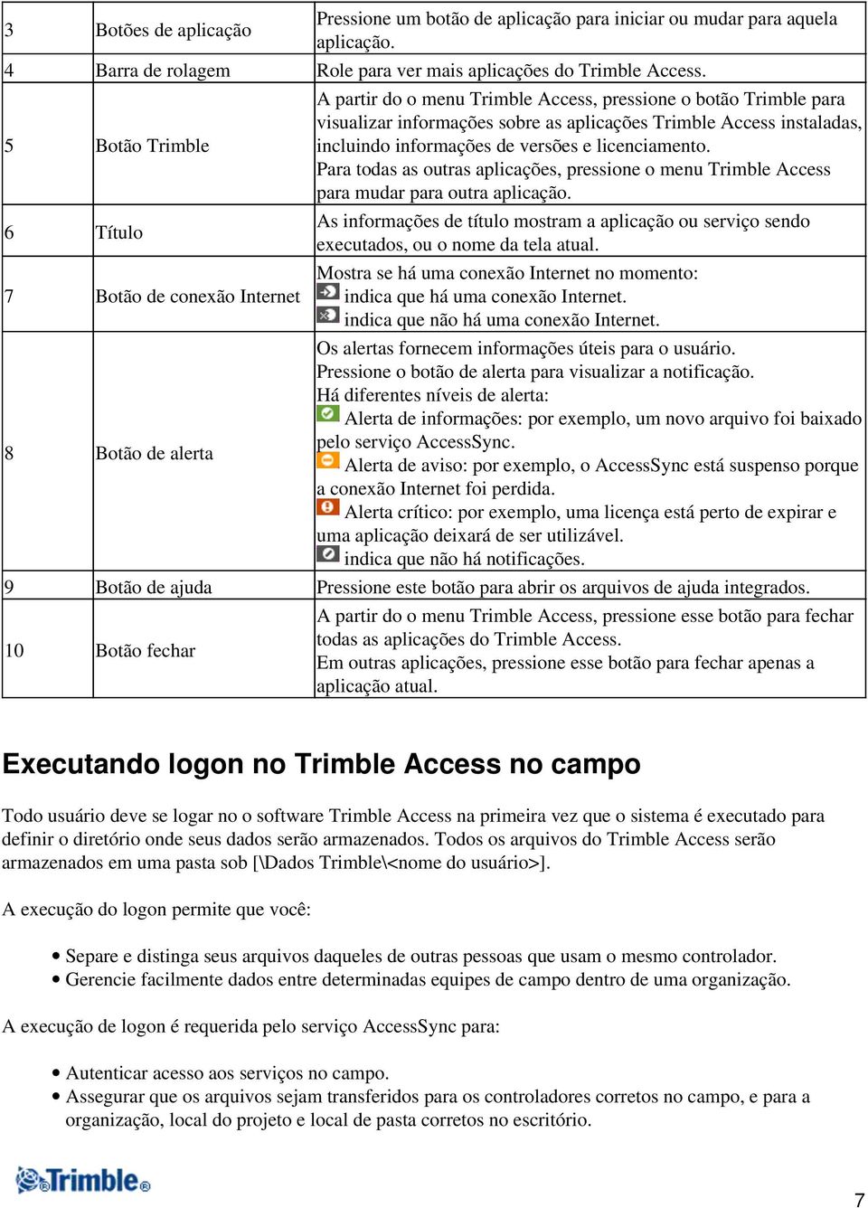 instaladas, incluindo informações de versões e licenciamento. Para todas as outras aplicações, pressione o menu Trimble Access para mudar para outra aplicação.