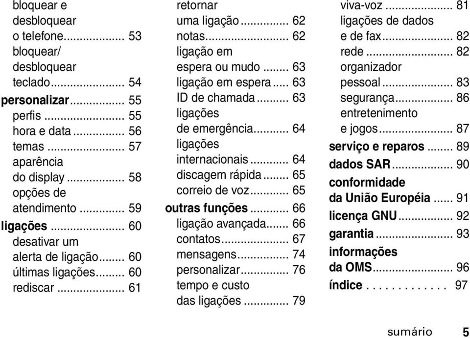 .. 63 ligações de emergência... 64 ligações internacionais... 64 discagem rápida... 65 correio de voz... 65 outras funções... 66 ligação avançada... 66 contatos... 67 mensagens... 74 personalizar.