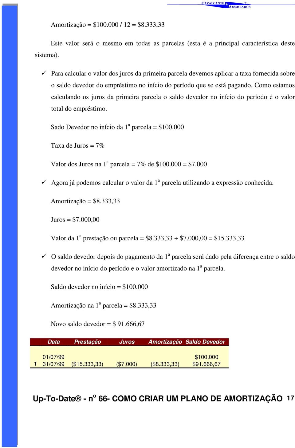 Como estamos calculando os juros da primeira parcela o saldo devedor no início do período é o valor total do empréstimo. Sado Devedor no início da 1 a parcela = $100.