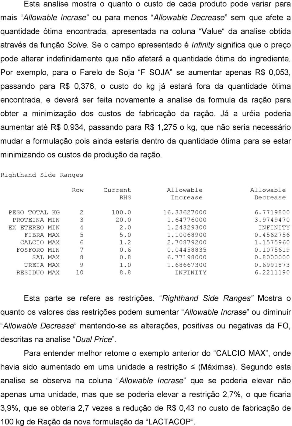 Por exemplo, para o Farelo de Soja F SOJA se aumentar apenas R$ 0,053, passando para R$ 0,376, o custo do kg já estará fora da quantidade ótima encontrada, e deverá ser feita novamente a analise da