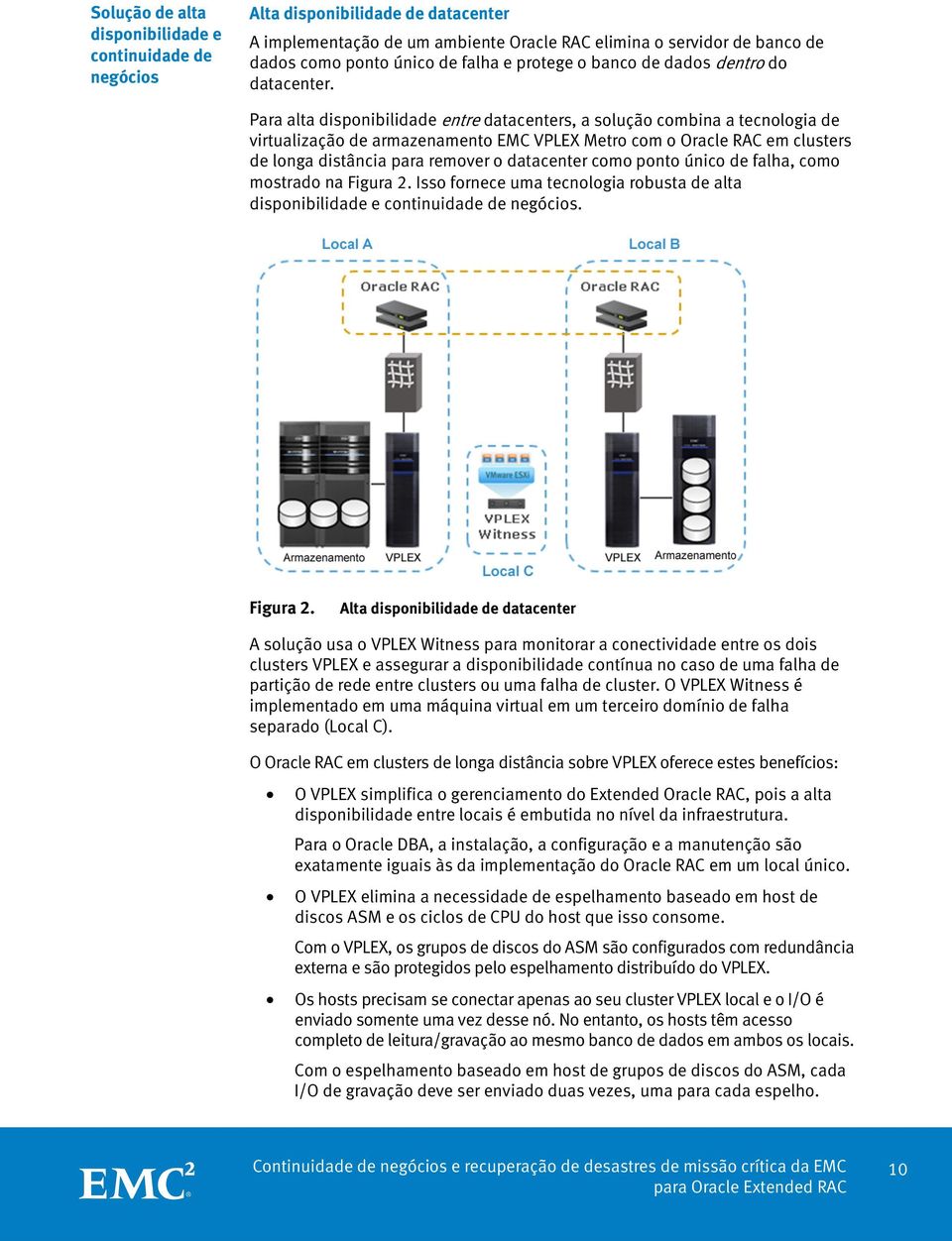 Para alta disponibilidade entre datacenters, a solução combina a tecnologia de virtualização de armazenamento EMC VPLEX Metro com o Oracle RAC em clusters de longa distância para remover o datacenter