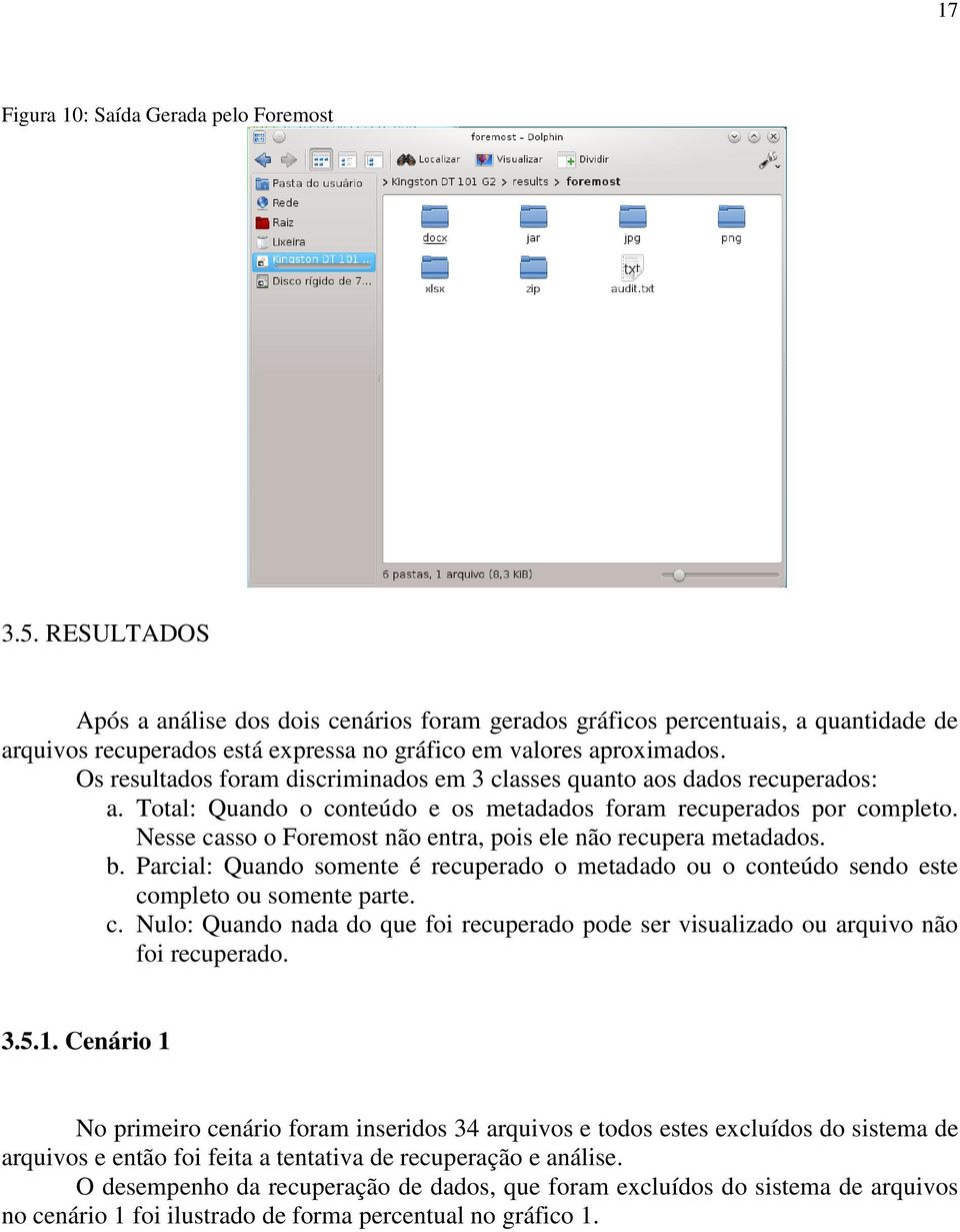 Os resultados foram discriminados em 3 classes quanto aos dados recuperados: a. Total: Quando o conteúdo e os metadados foram recuperados por completo.