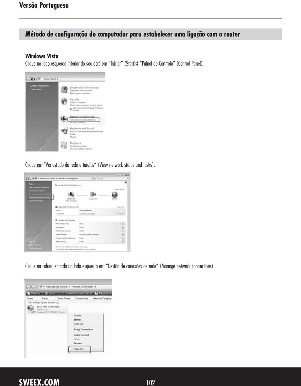 Panel). Clique em Ver estado da rede e tarefas (View network status and tasks).