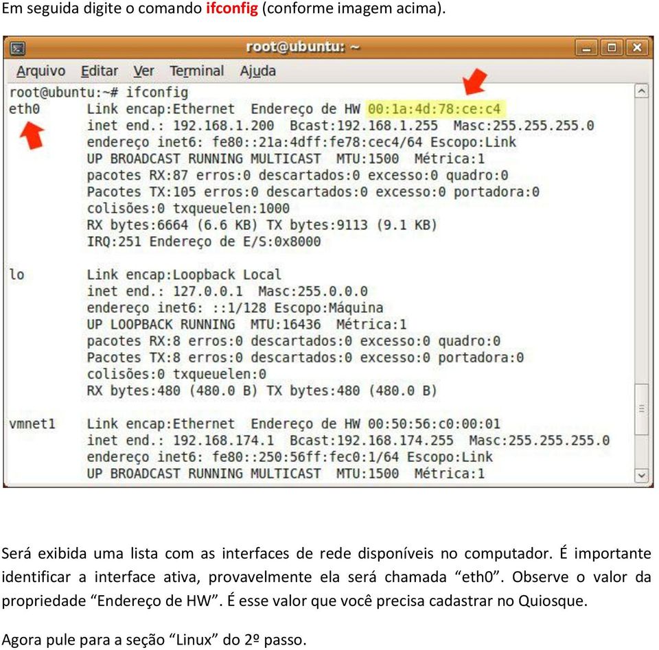 É importante identificar a interface ativa, provavelmente ela será chamada eth0.