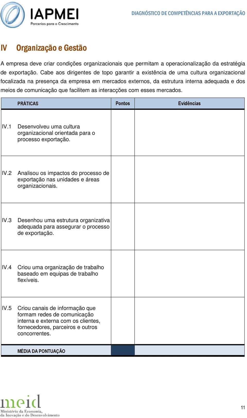 facilitem as interacções com esses mercados. IV.1 Desenvolveu uma cultura organizacional orientada para o processo exportação. IV.2 Analisou os impactos do processo de exportação nas unidades e áreas organizacionais.