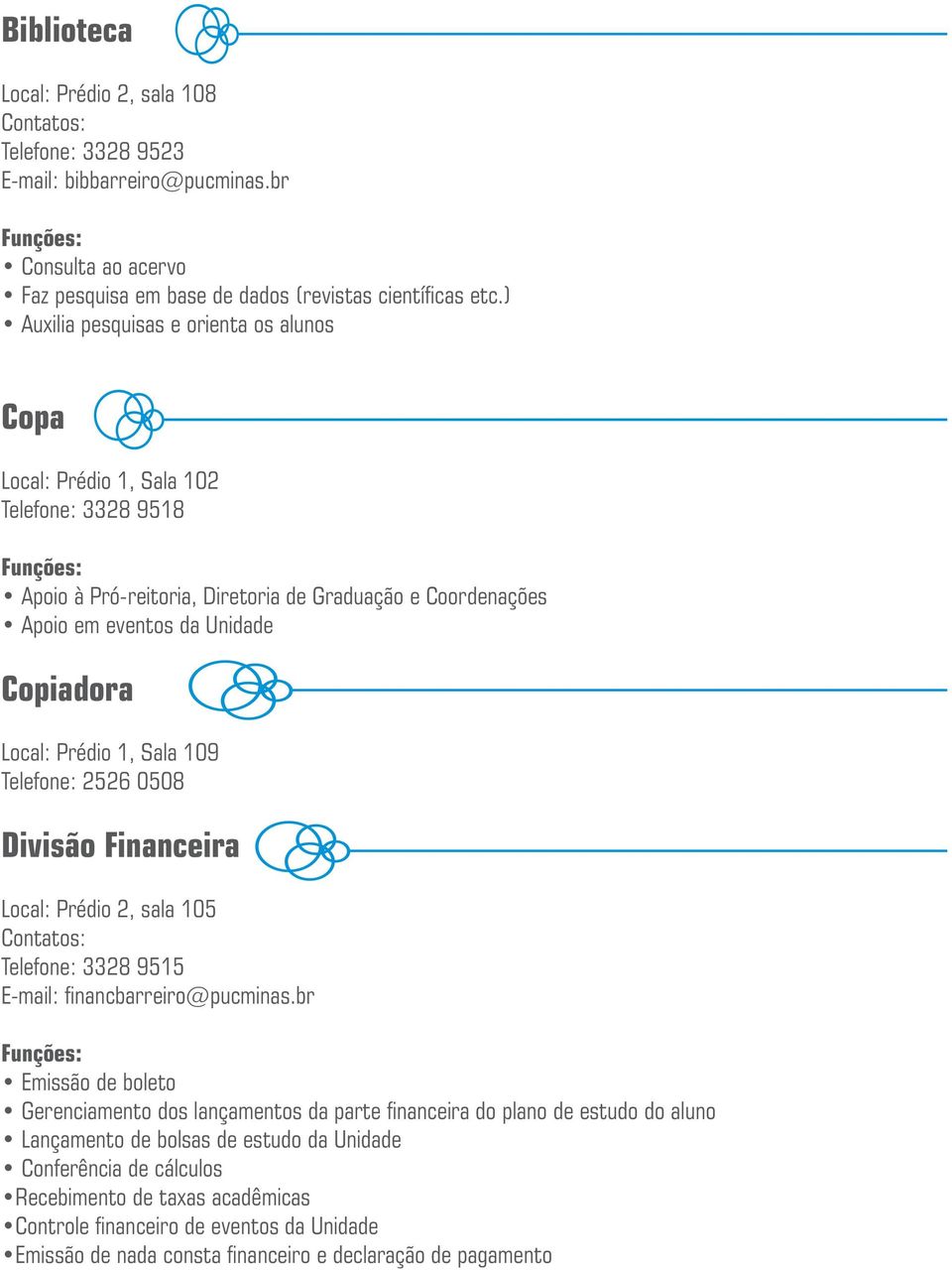 Prédio 1, Sala 109 Telefone: 2526 0508 Divisão Financeira Local: Prédio 2, sala 105 Telefone: 3328 9515 E-mail: financbarreiro@pucminas.