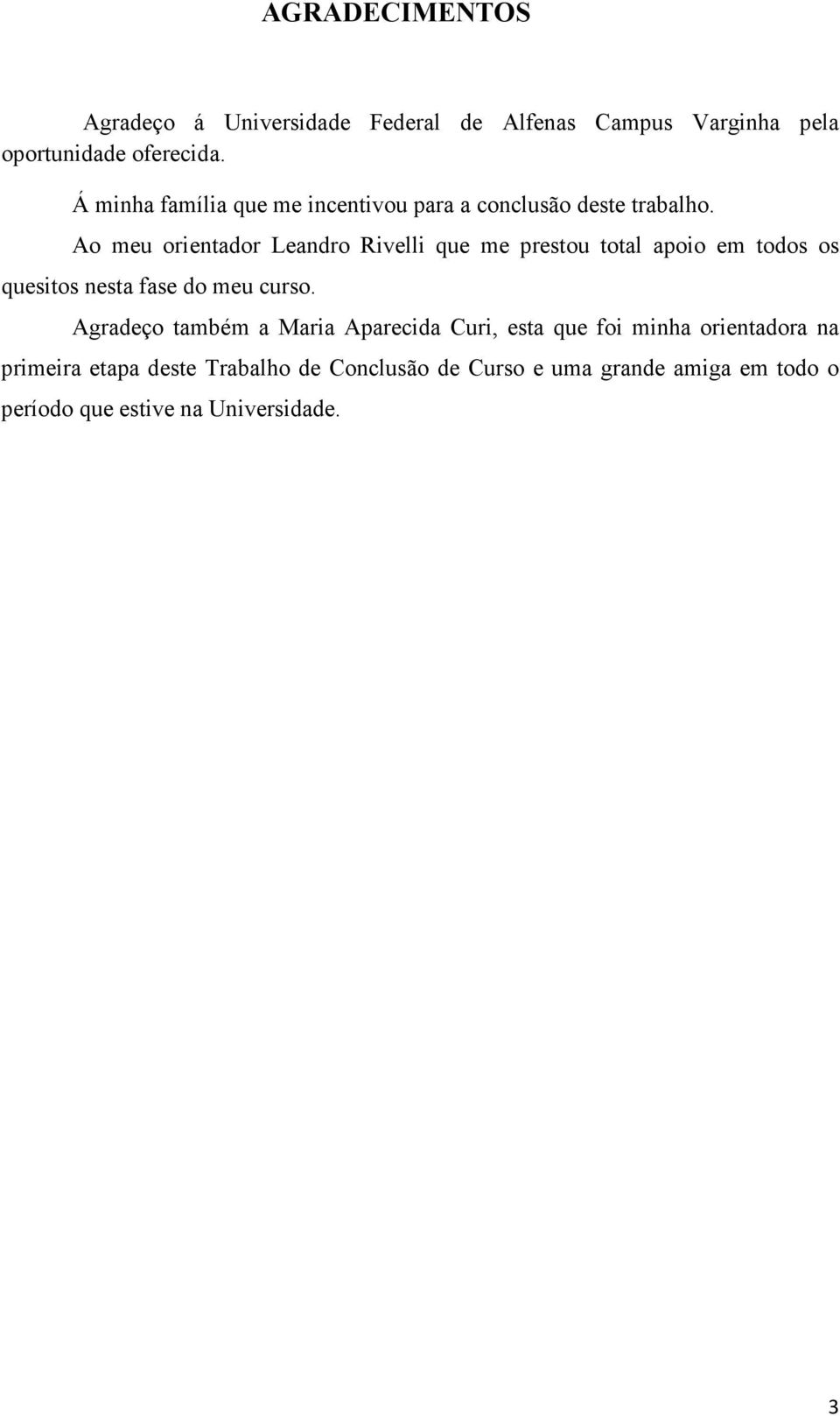 Ao meu orientador Leandro Rivelli que me prestou total apoio em todos os quesitos nesta fase do meu curso.