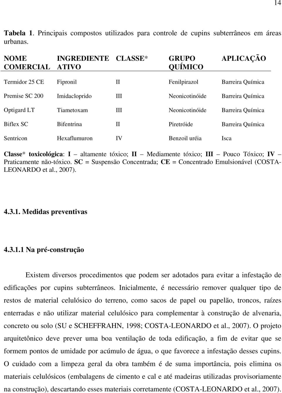 Tiametoxam III Neonicotinóide Barreira Química Biflex SC Bifentrina II Piretróide Barreira Química Sentricon Hexaflumuron IV Benzoil uréia Isca Classe* toxicológica: I altamente tóxico; II Mediamente