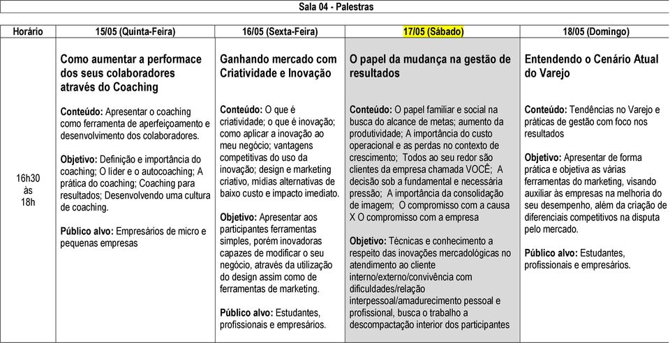 dos colaboradores. Objetivo: Definição e importância do coaching; O líder e o autocoaching; A prática do coaching; Coaching para resultados; Desenvolvendo uma cultura de coaching.