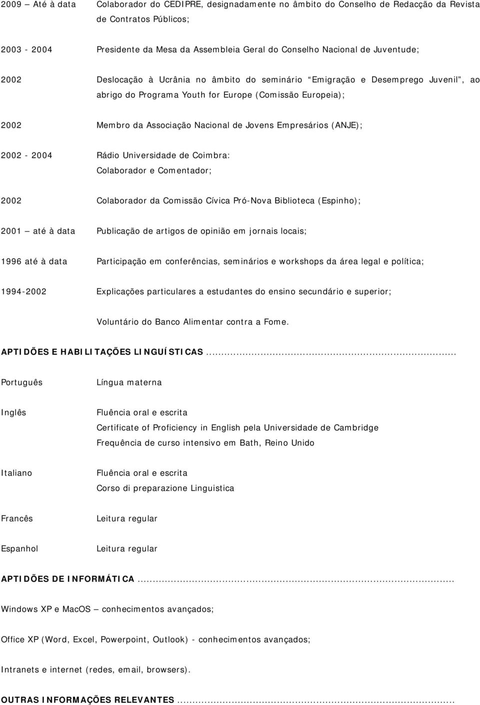 Empresários (ANJE); 2002-2004 Rádio Universidade de Coimbra: Colaborador e Comentador; 2002 Colaborador da Comissão Cívica Pró-Nova Biblioteca (Espinho); 2001 até à data Publicação de artigos de