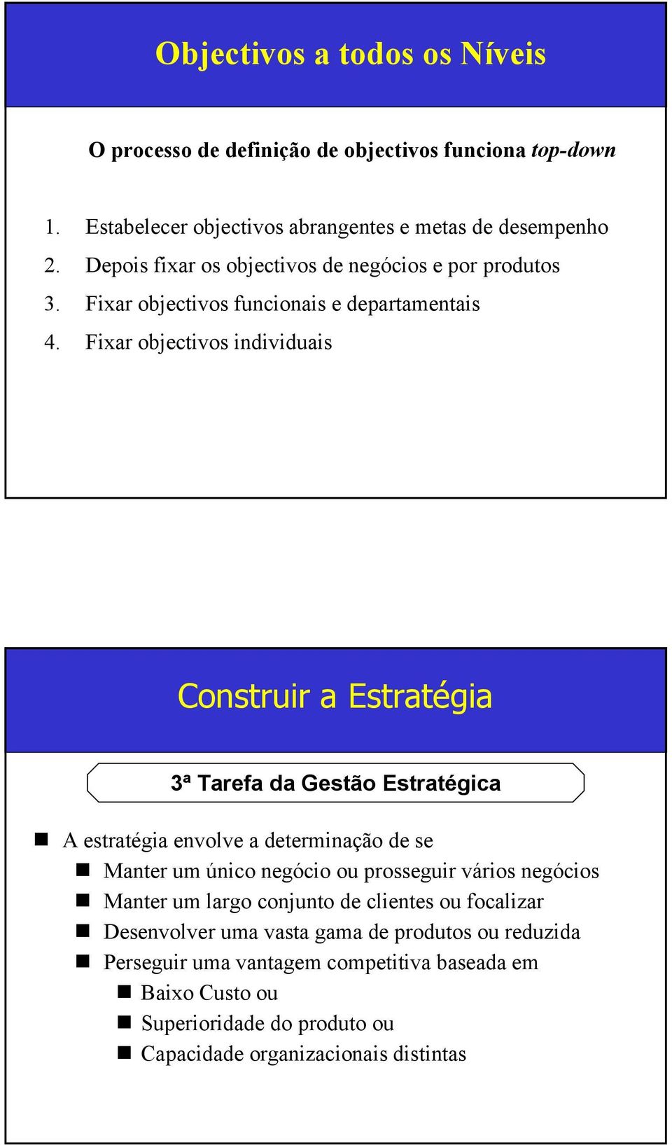 Fixar objectivos individuais Construir a 3ª Tarefa da Gestão Estratégica A estratégia envolve a determinação de se Manter um único negócio ou prosseguir vários