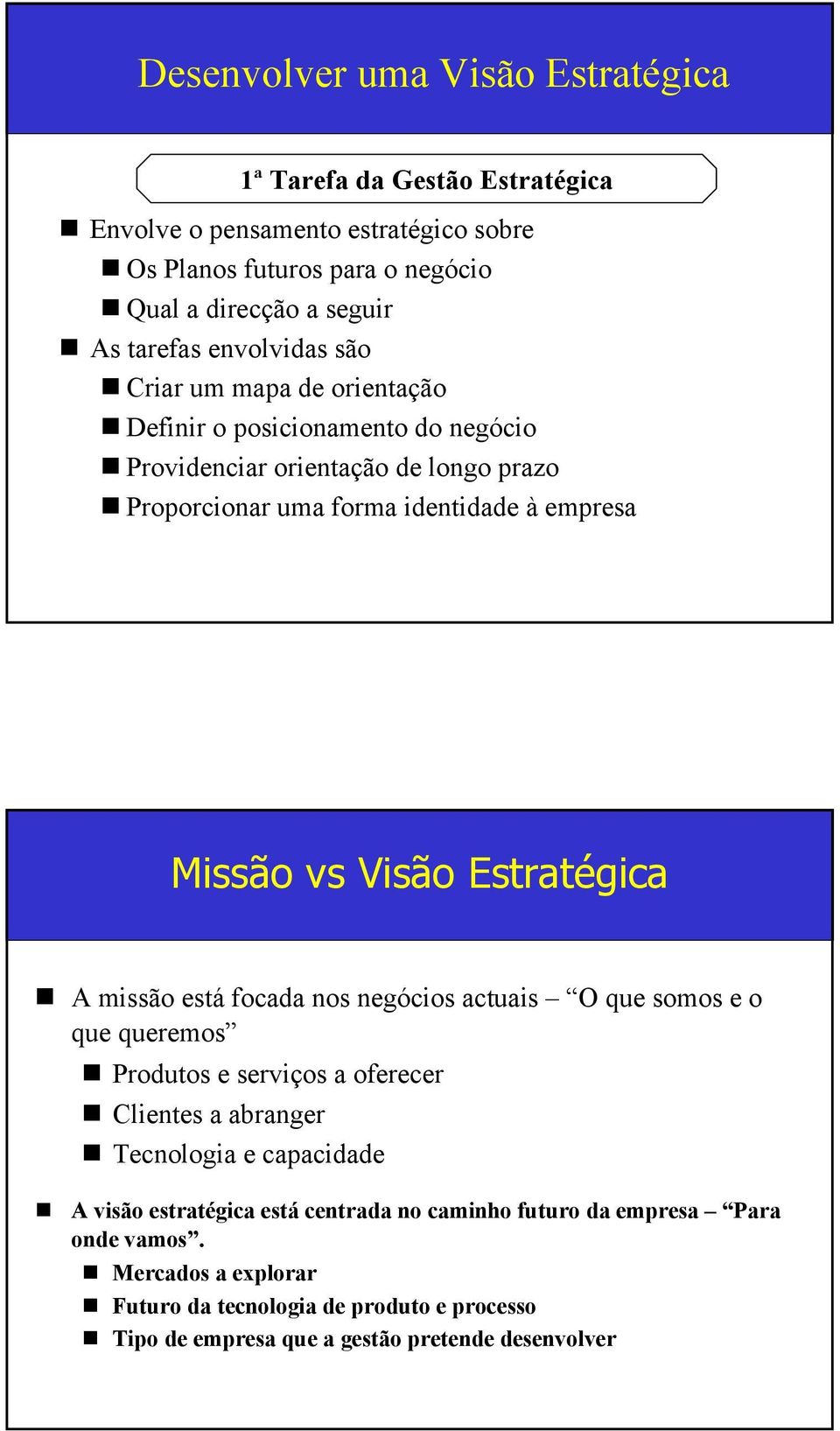 Visão Estratégica A missão está focada nos negócios actuais O que somos e o que queremos Produtos e serviços a oferecer Clientes a abranger Tecnologia e capacidade A visão