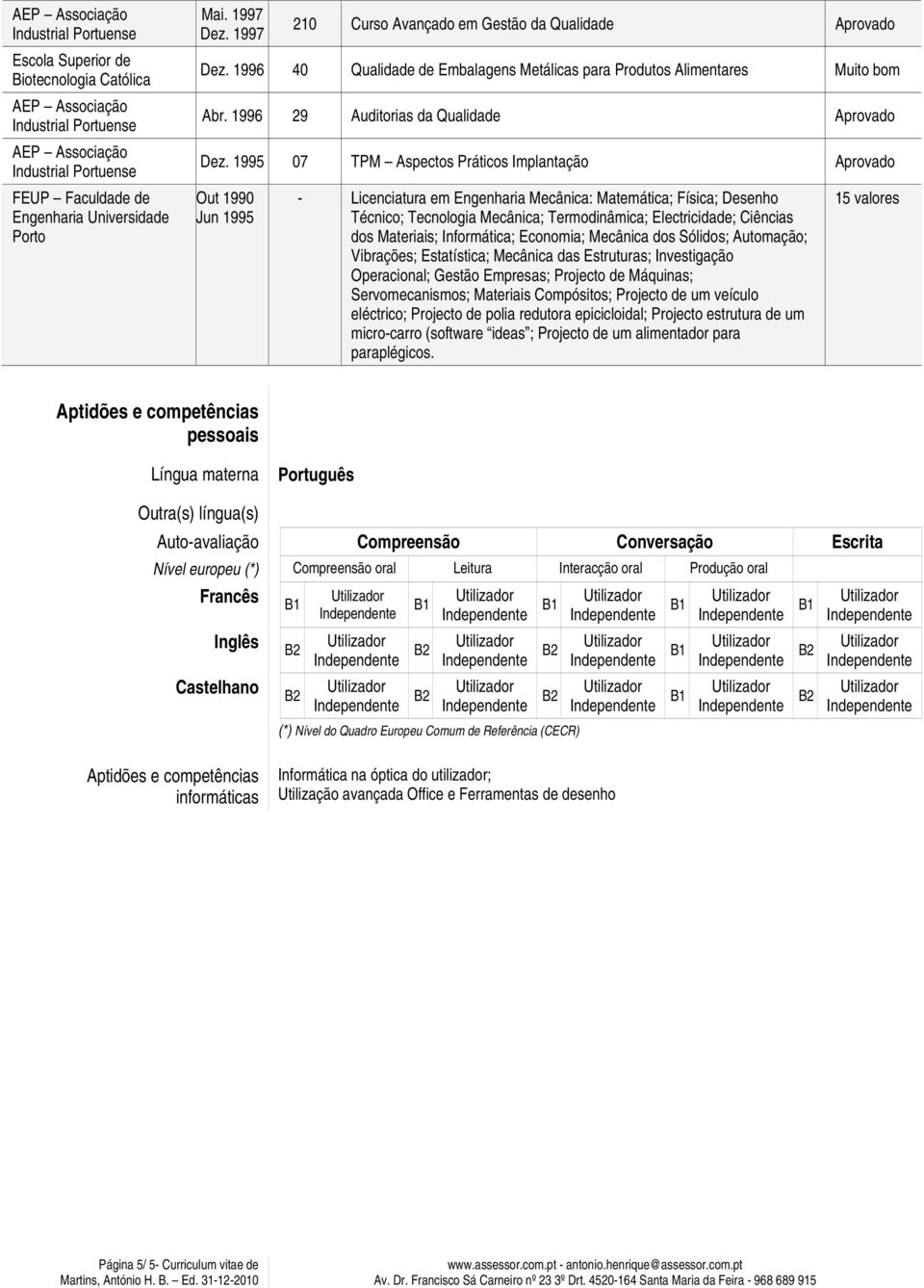 1995 07 TPM Aspectos Práticos Implantação Aprovado Out 1990 Jun 1995 - Licenciatura em Engenharia Mecânica: Matemática; Física; Desenho Técnico; Tecnologia Mecânica; Termodinâmica; Electricidade;