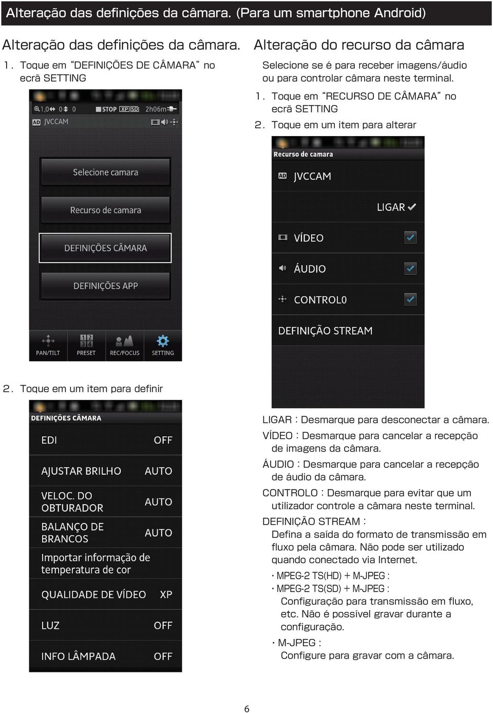 １ Toque em RECURSO DE CÂMARA no ecrã SETTING ２ Toque em um item para alterar ２ Toque em um item para definir LIGAR Desmarque para desconectar a câmara.