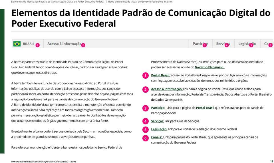 A barra também tem a função de proporcionar acesso direto ao Portal Brasil, às informações públicas de acordo com a Lei de acesso à informação, aos canais de participação social, ao portal de