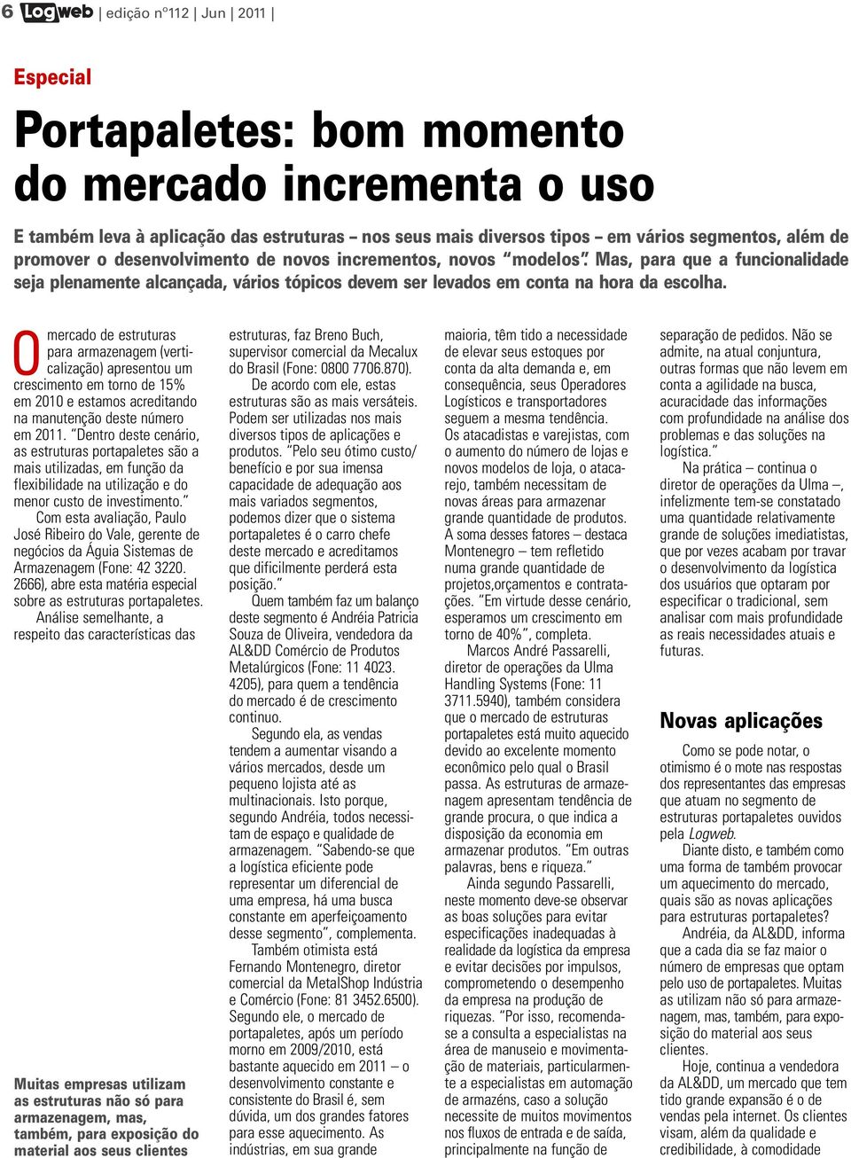 O mercado de estruturas para armazenagem (verticalização) apresentou um crescimento em torno de 15% em 2010 e estamos acreditando na manutenção deste número em 2011.