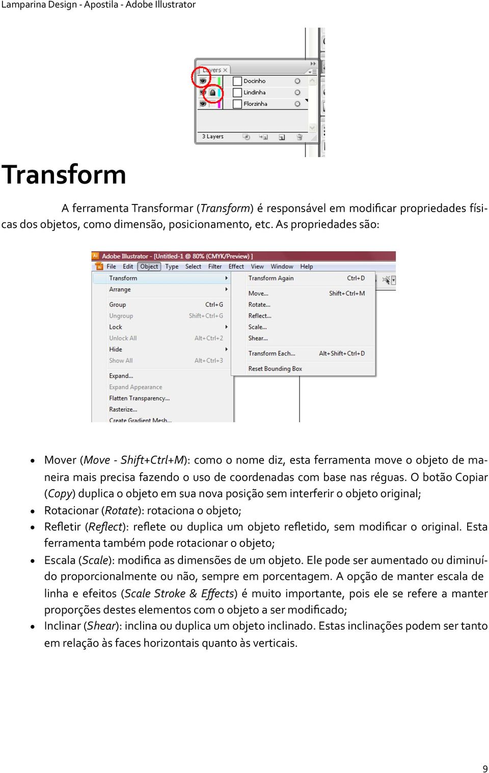 O botão Copiar (Copy) duplica o objeto em sua nova posição sem interferir o objeto original; Rotacionar (Rotate): rotaciona o objeto; Refletir (Reflect): reflete ou duplica um objeto refletido, sem