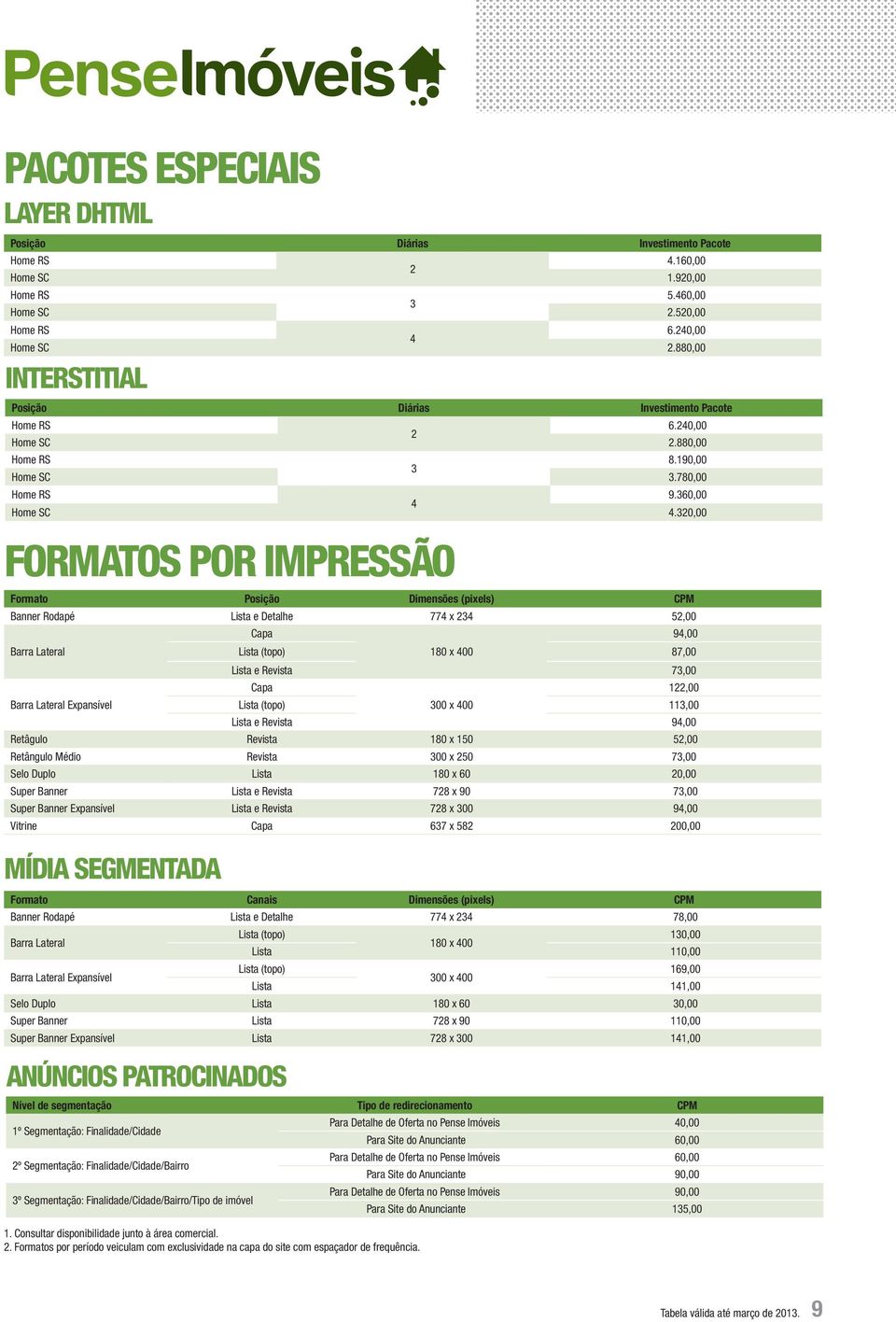 320,00 FORMATOS POR IMPRESSÃO Formato Posição Dimensões (pixels) CPM Banner Rodapé Lista e Detalhe 774 x 234 52,00 Barra Lateral Barra Lateral Expansível MÍDIA SEGMENTADA Formato Canais Dimensões