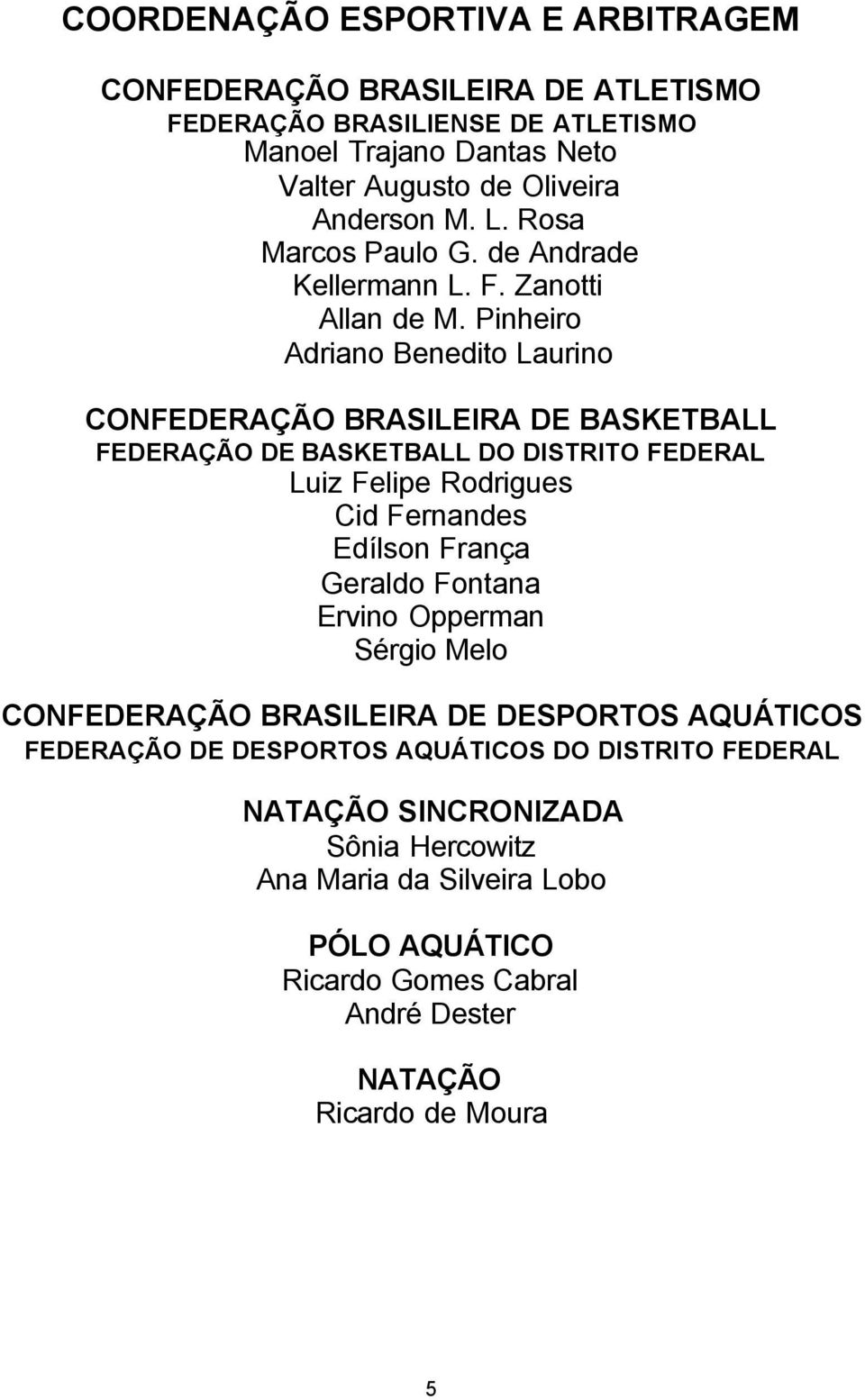 Pinheiro Adriano Benedito Laurino CONFEDERAÇÃO BRASILEIRA DE BASKETBALL FEDERAÇÃO DE BASKETBALL DO DISTRITO FEDERAL Luiz Felipe Rodrigues Cid Fernandes Edílson França