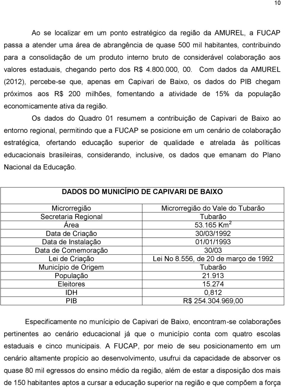 Com dados da AMUREL (2012), percebe-se que, apenas em Capivari de Baixo, os dados do PIB chegam próximos aos R$ 200 milhões, fomentando a atividade de 15% da população economicamente ativa da região.