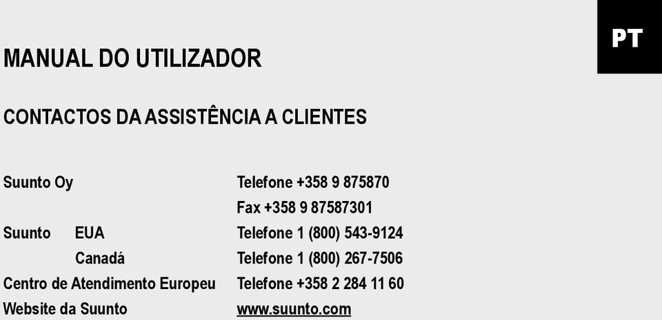 (800) 543-9124 Canadá Telefone 1 (800) 267-7506 Centro de