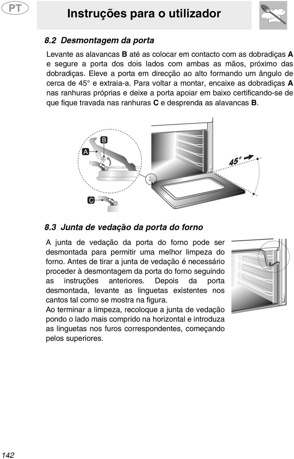 Para voltar a montar, encaixe as dobradiças A nas ranhuras próprias e deixe a porta apoiar em baixo certificando-se de que fique travada nas ranhuras C e desprenda as alavancas B. 8.