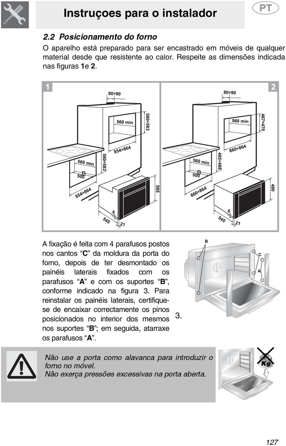 A fixação é feita com 4 parafusos postos nos cantos C da moldura da porta do forno, depois de ter desmontado os painéis laterais fixados com os parafusos A e com os suportes B,