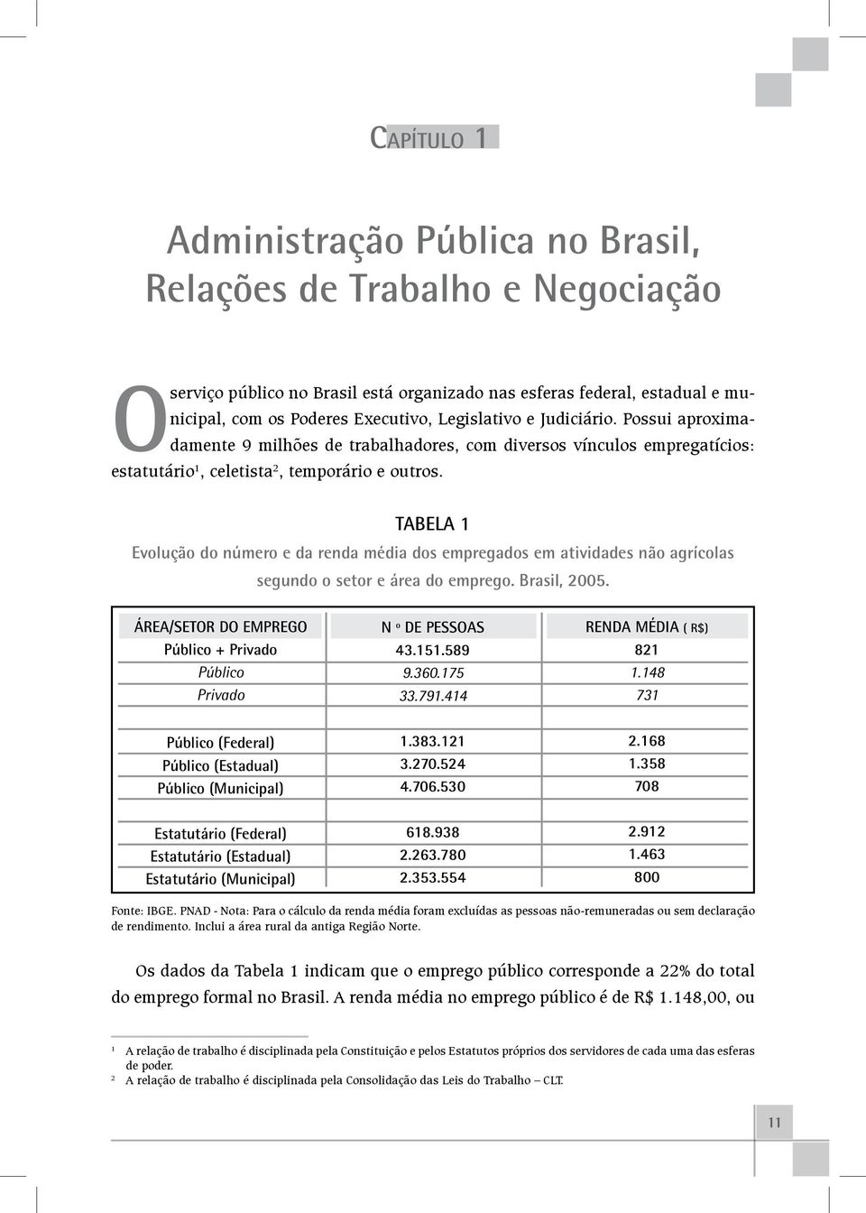TABELA 1 Evolução do número e da renda média dos empregados em atividades não agrícolas segundo o setor e área do emprego. Brasil, 2005.